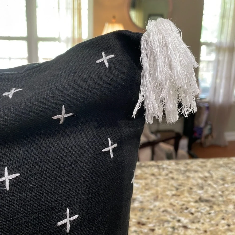 TWO DOWNEAST BLACK WITH WHITE EMBROIDERY PILLOW COVERS